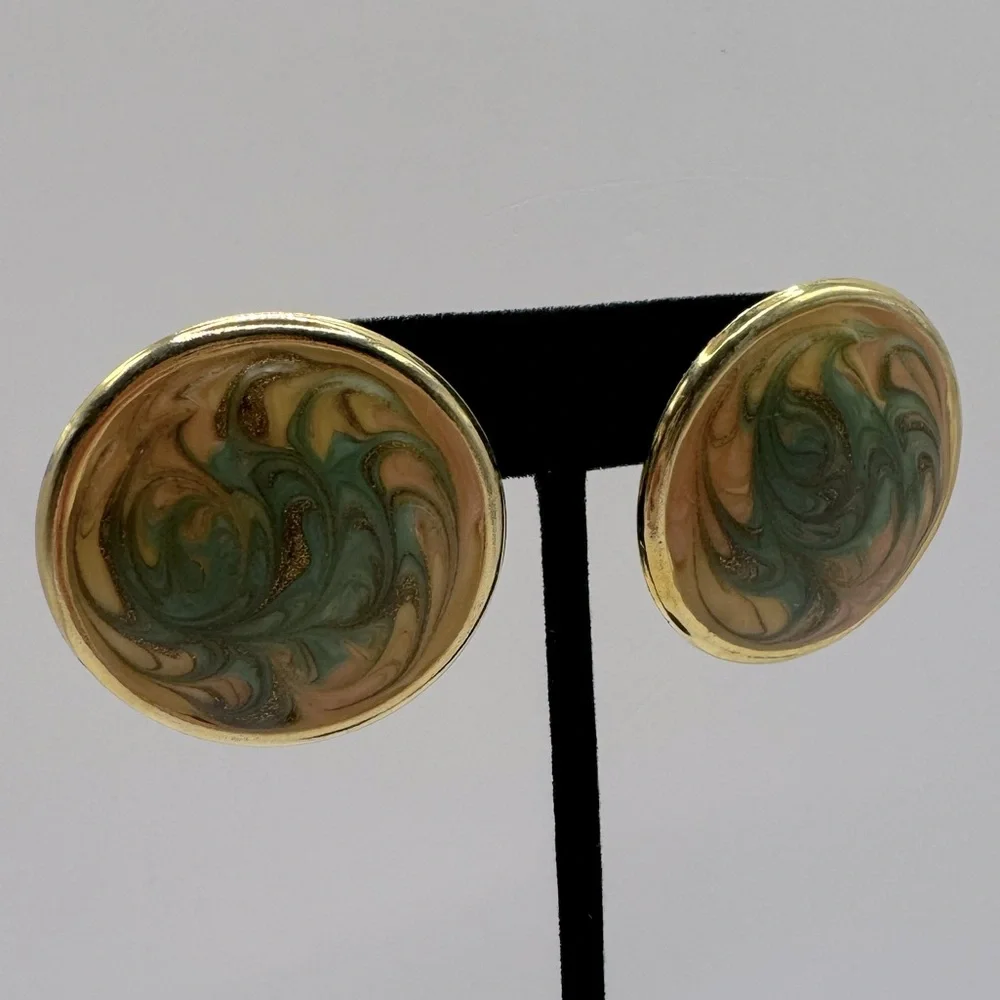 VINTAGE Large Round Marbled Enamel Earrings